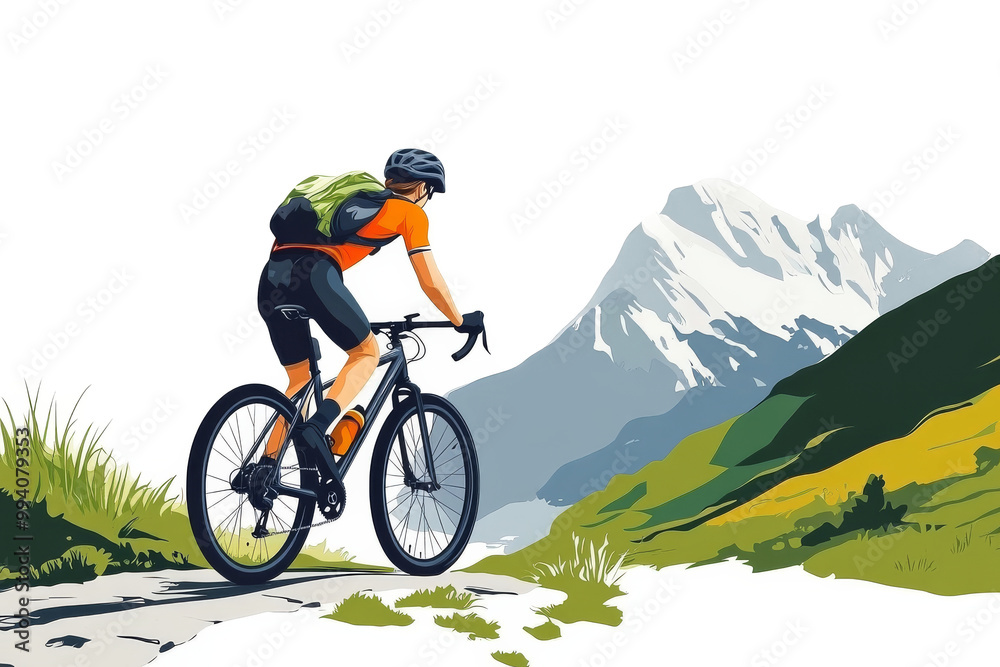 Fototapeta premium A cyclist riding through a scenic mountain path, isolated on transparent background, PNG file