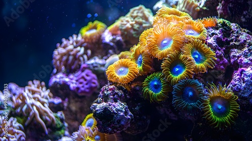 Vibrant coral reef with colorful Zoanthids and intricate marine life. photo