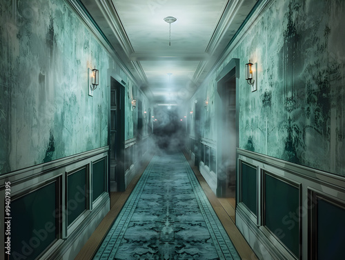 Spooky scene in a haunted hotel: ghostly guests wandering the halls in the dead of night.