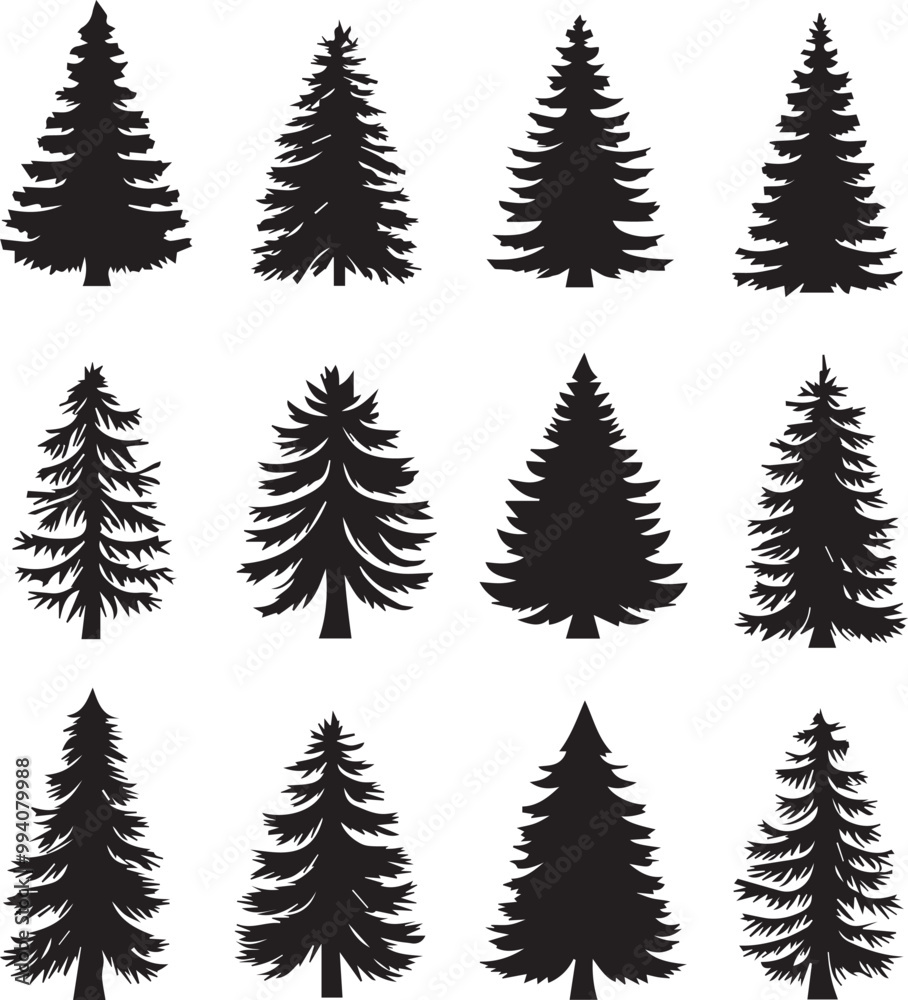 Obraz premium A bundle of minimalist pine tree silhouette vector, Pine tree vector silhouette. 