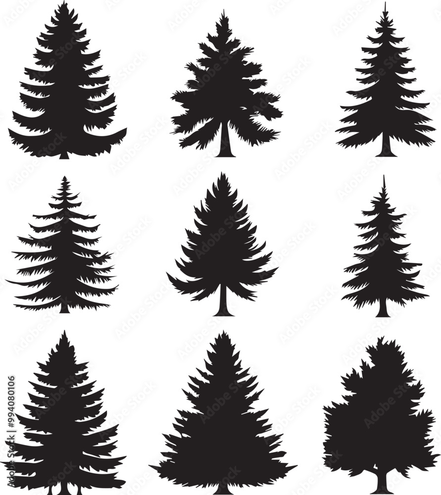 Obraz premium A bundle of minimalist pine tree silhouette vector, Pine tree vector silhouette. 
