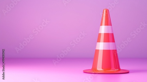 A vibrant orange traffic cone with reflective white stripes, set against a soft pink background, ideal for safety themes.