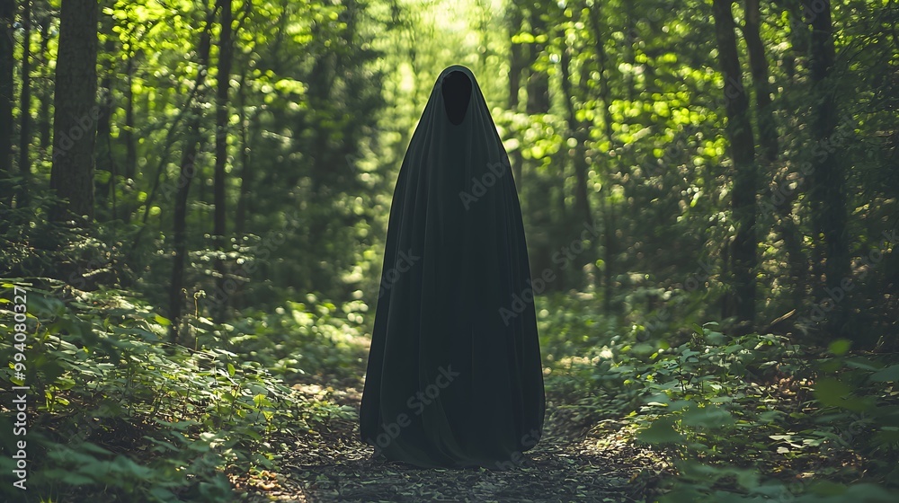 Mysterious figure cloaked in black standing in a dense green forest. Mysterious figure cloaked in black standing in a dense green forest.