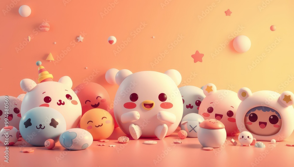 Cute 3D cartoon characters with happy expressions on a peach background. Cute 3D cartoon characters with happy expressions on a peach background.