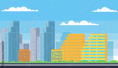 Cityscape. Tall skyscrapers and modern buildings under a lightly clouded blue sky. Ideal for urban planning, city life, modern architecture, digital art, and city development themes. Pixel, modern