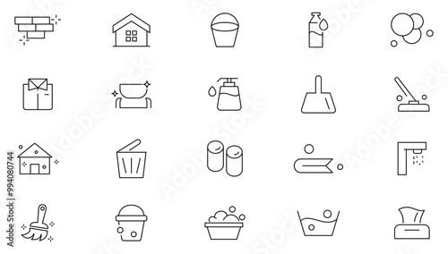 House Cleaning line icon set. Washing floors, windows, dishes, clothes, water pollution, Laundry detergent, washing line icon set. UI thin line icon pack.