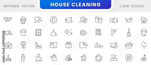 House Cleaning line icon set. Washing floors, windows, dishes, clothes, water pollution, Laundry detergent, washing line icon set. UI thin line icon pack.