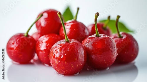 Red Cherries with Green Leaves