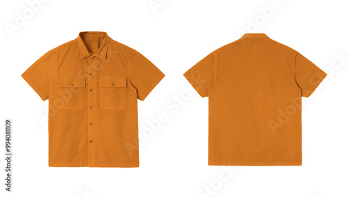 Obraz na plátně Plain mustard yellow short sleeve button down shirt, front and back mockup