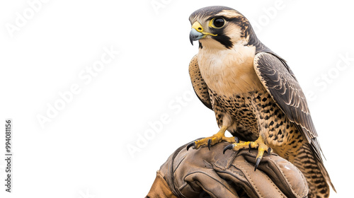 A falcon perched on a trainers glove, isolated on transparent background, PNG file
