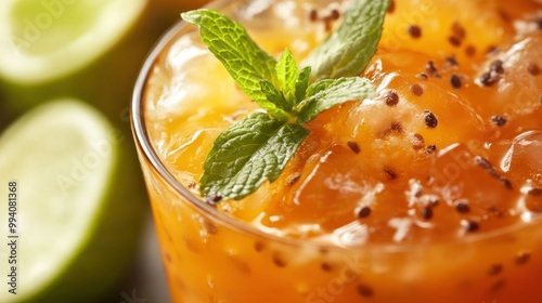 A close-up of a refreshing orange drink with ice, mint, and seeds. The vibrant colors and refreshing look make it a perfect summer beverage.