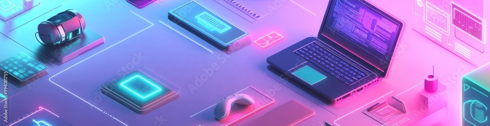 A vibrant digital workspace featuring tech devices and software elements. A vibrant digital workspace featuring tech devices and software elements.