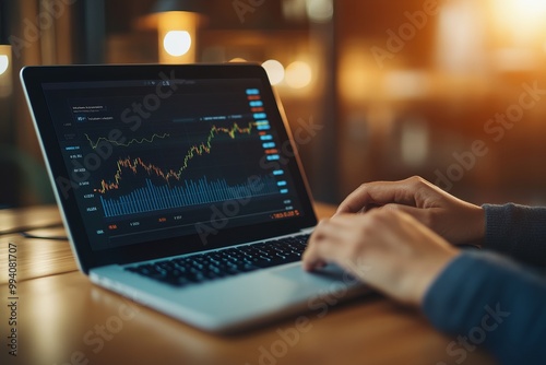 Close up of hands typing on a laptop with a stock market graph on the screen.