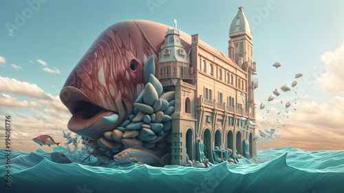 Surreal 3D artwork of giant fish merging with ornate building, emerging from turquoise waves under pastel sky, blending aquatic and architectural elements in dreamlike scene photo