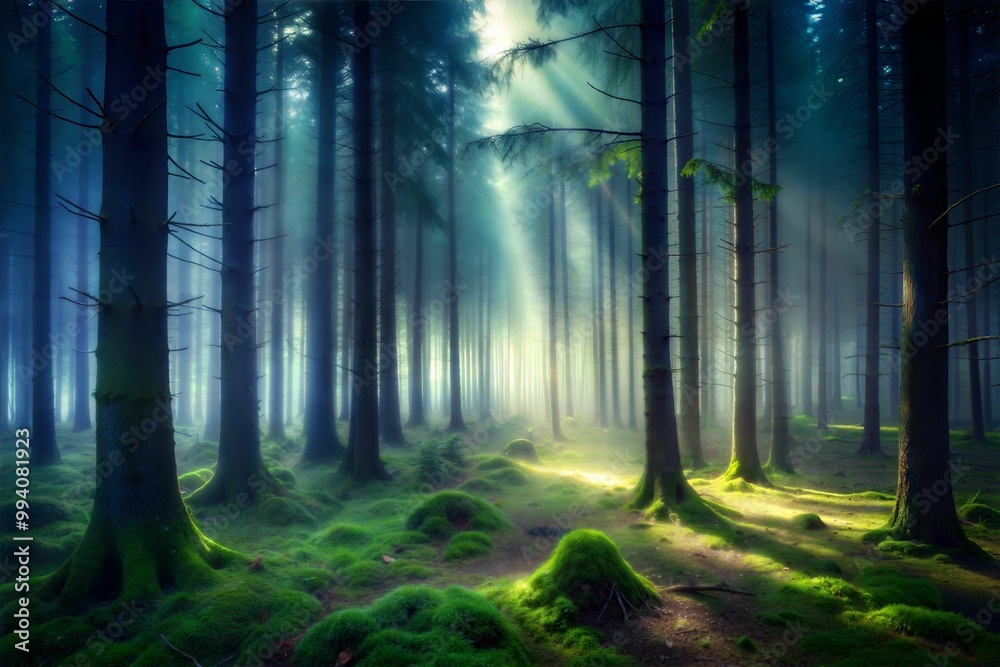 Fototapeta premium Magical forest with sun rays and fog
