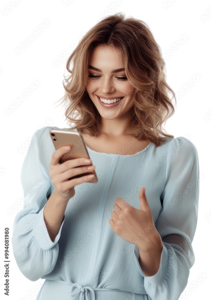 PNG A beautiful woman with shoulder-length wavy hair is smiling and looking at her cell phone photography background isolated. PNG A beautiful woman with shoulder-length wavy hair is smiling and looking at her cell phone photography background isolated.