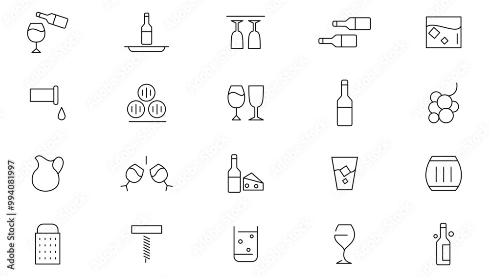 Winemaking and Wine line icon set. Grapes, wine glass and bottle, corkscrew, barrel, bottle, bunch of grapes, glass of wine line icon set. UI thin line icon pack. Winemaking and Wine line icon set. Grapes, wine glass and bottle, corkscrew, barrel, bottle, bunch of grapes, glass of wine line icon set. UI thin line icon pack.