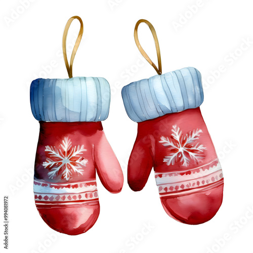 Christmas-red color themed watercolor cute clipart hand drawing, Winter Mittens – Patterned or plain, hanging or worn