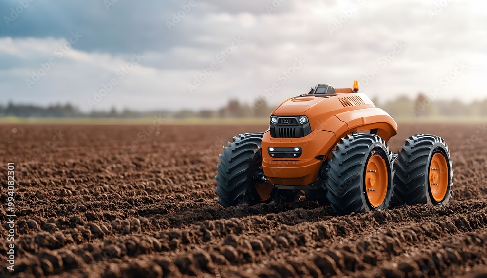 Obraz premium A sleek orange farming robot navigates a freshly plowed field under a cloudy sky, showcasing modern agricultural technology.