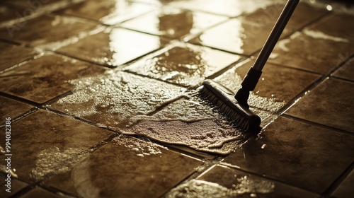 Cleaning a dirty tiled floor with a mop until it shines. This could be a scene from a home, a commercial, or a cleaning product advertisement.