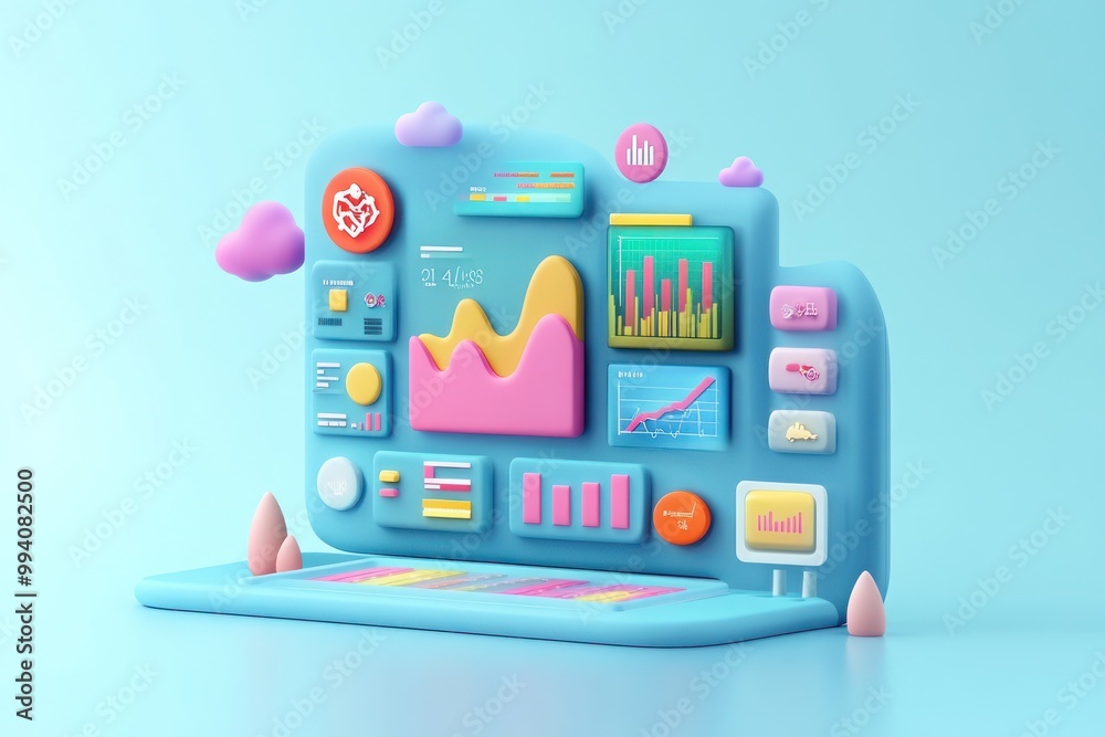 Colorful 3D data dashboard with graphs and statistics for visual analysis. Colorful 3D data dashboard with graphs and statistics for visual analysis.