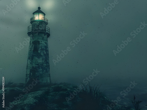 Eerie haunted lighthouse on a foggy night, with ghostly lights flickering in the darkness. photo