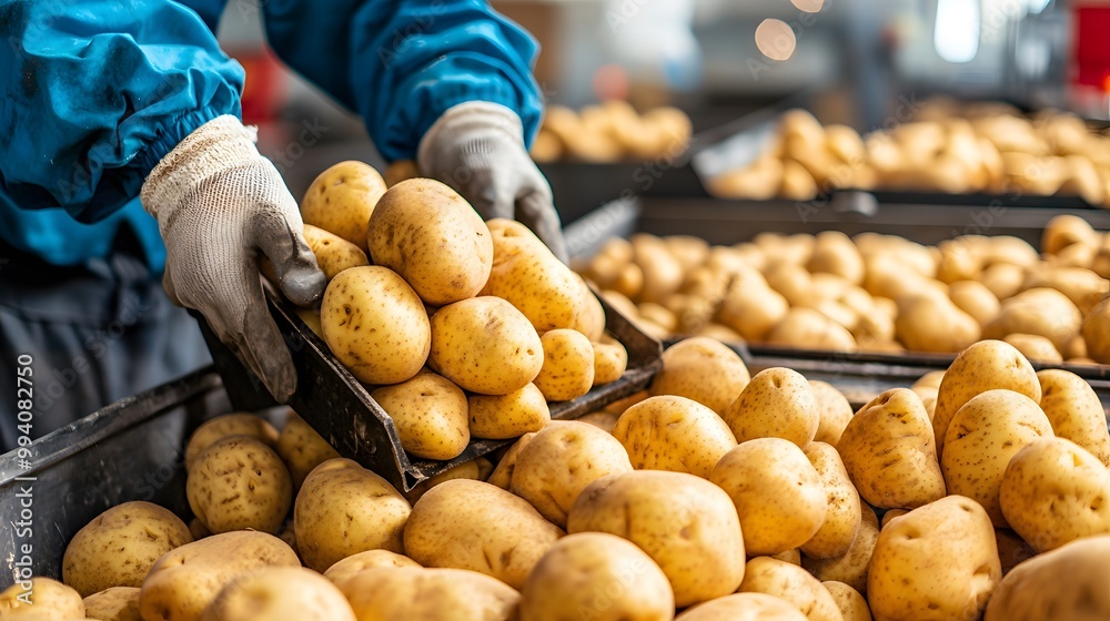 A worker is handling freshly harvested potatoes in a warehouse, showcasing the busy process of agricultural distribution. A worker is handling freshly harvested potatoes in a warehouse, showcasing the busy process of agricultural distribution.