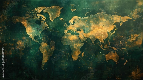 Fototapeta Naklejka Na Ścianę i Meble -  A stylized world map in gold and green tones, with a grunge aesthetic.  Perfect for travel, exploration, or global themes.