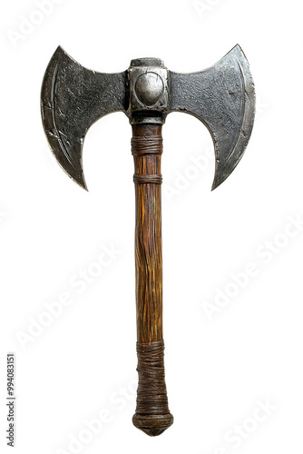 medieval axe front view, on isolated transparent background