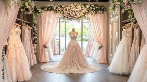 Elegant pink wedding gowns on a bridal boutique