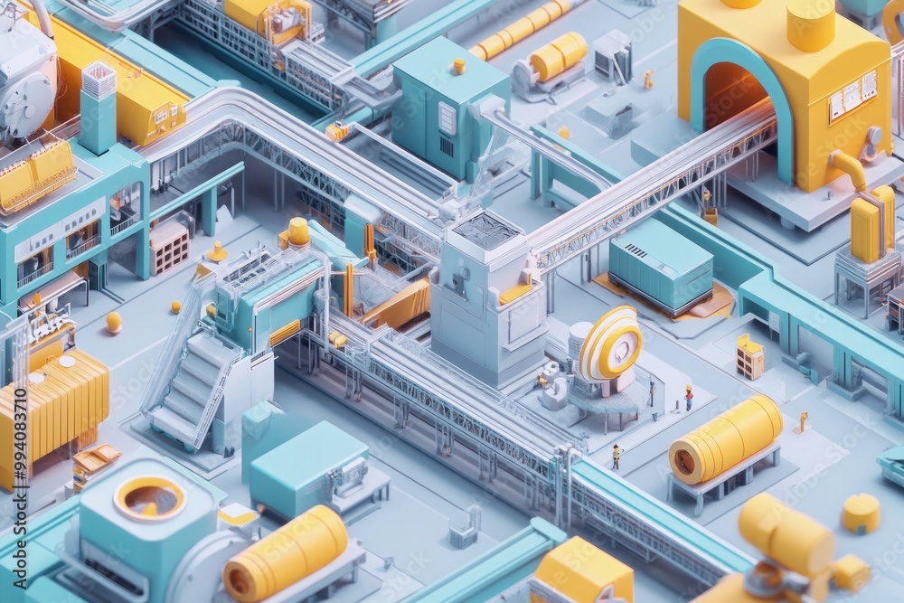 A vibrant, isometric industrial scene showcasing machinery and production lines.