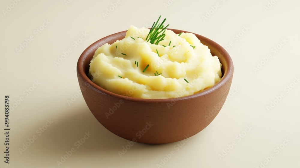A bowl of creamy mashed potatoes garnished with chives, served on a light background. A bowl of creamy mashed potatoes garnished with chives, served on a light background.