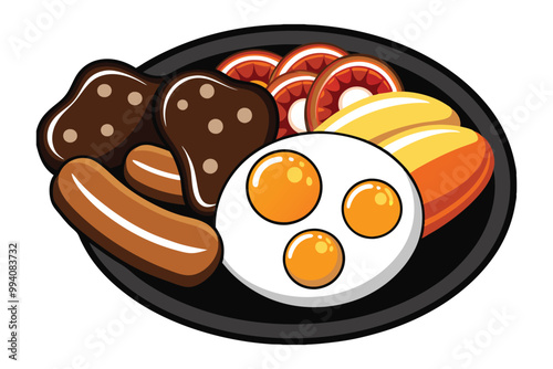 Full fry up English breakfast with fried eggs, sausages, bacon, black pudding , beans on white background