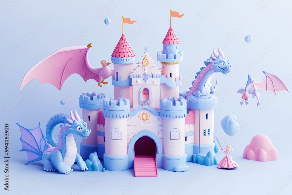 A whimsical castle scene featuring dragons, a princess, and playful elements. A whimsical castle scene featuring dragons, a princess, and playful elements.