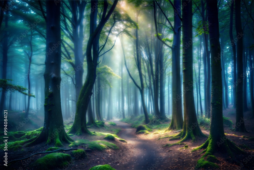 Obraz premium Sunlit path in misty forest with tall trees