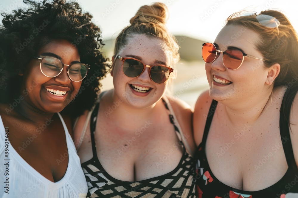 Three Cheerful Plus-Size Women Smiling Together, Embracing Body Positivity on a Sunny Beach Three Cheerful Plus-Size Women Smiling Together, Embracing Body Positivity on a Sunny Beach