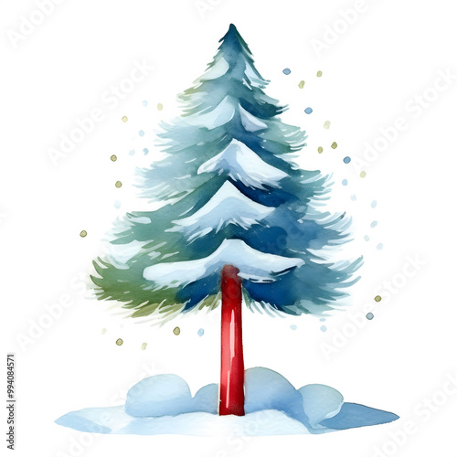 Christmas-red color themed watercolor cute clipart hand drawing, pole - Decorated with snow and festive touches