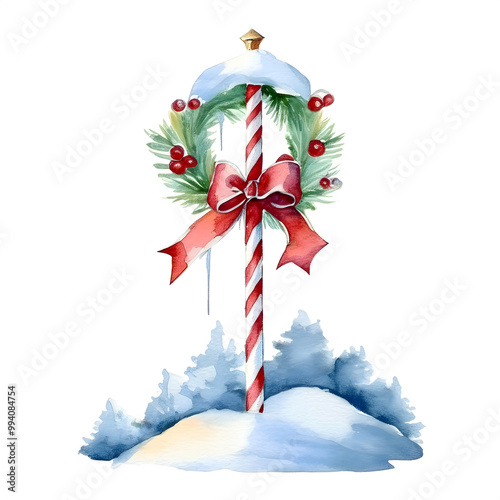 Christmas-red color themed watercolor cute clipart hand drawing, pole, Decorated with snow and festive touches
