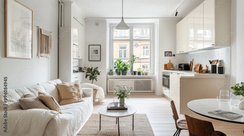 This bright studio apartment has a Scandinavian feel. It's spacious and uses soft white and beige colors. The living area has stylish furniture, and the kitchen is modern. This bright studio apartment has a Scandinavian feel. It's spacious and uses soft white and beige colors. The living area has stylish furniture, and the kitchen is modern.