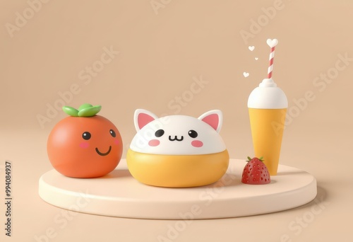 Cute 3D orange, cat and smoothie on a platform.