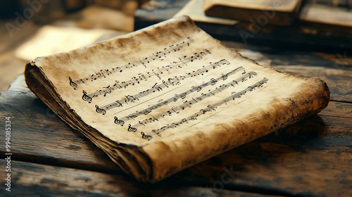 A vintage sheet of music rests on a wooden surface, showcasing musical notes. photo