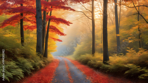 Autumn Forest Path:  Golden Sunlight & Red Leaves