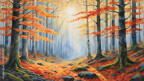 Autumn Forest Path Watercolor Painting