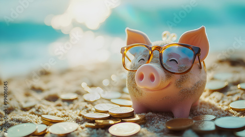 alcancia de cerdo con lentes sobre un fondo de monedas conun fondo de playa atras disfrutando de sus ahorros y abundancia en el dinero photo