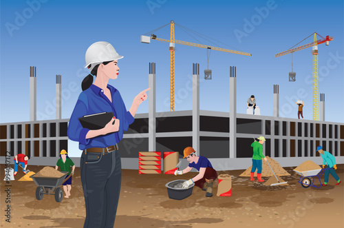 One engineer woman is inspecting the construction work.vector design