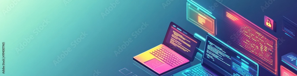 A digital workspace featuring laptops displaying vibrant coding and data visuals. A digital workspace featuring laptops displaying vibrant coding and data visuals.