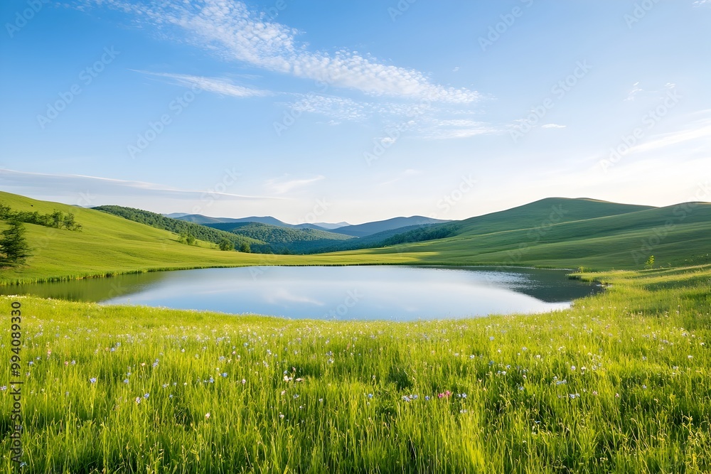 Obraz premium Serene Countryside Landscape with Vibrant Meadow Placid Lake and Soft Impressionist Lighting