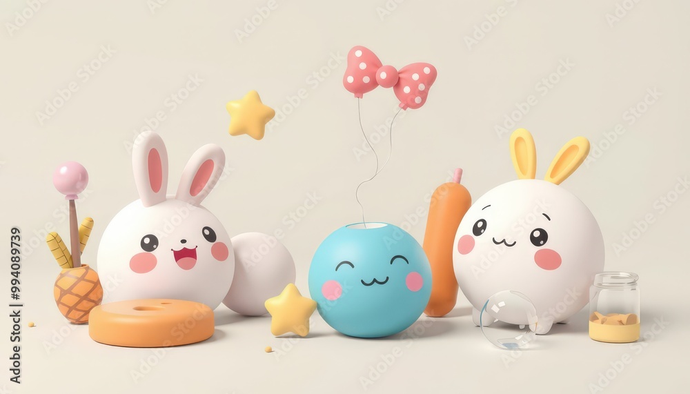 Cute cartoon bunnies with stars, a bow balloon and a carrot. Cute cartoon bunnies with stars, a bow balloon and a carrot.