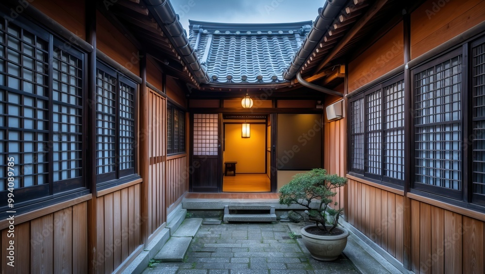 Traditional Japanese house entrance featuring wooden architecture, serene garden, and warm lighting, perfect for showcasing cultural tranquility. Traditional Japanese house entrance featuring wooden architecture, serene garden, and warm lighting, perfect for showcasing cultural tranquility.