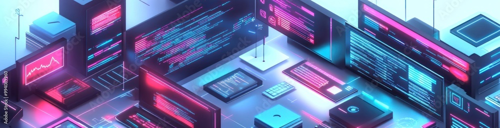 A vibrant digital workspace filled with screens displaying code and data visualizations. A vibrant digital workspace filled with screens displaying code and data visualizations.